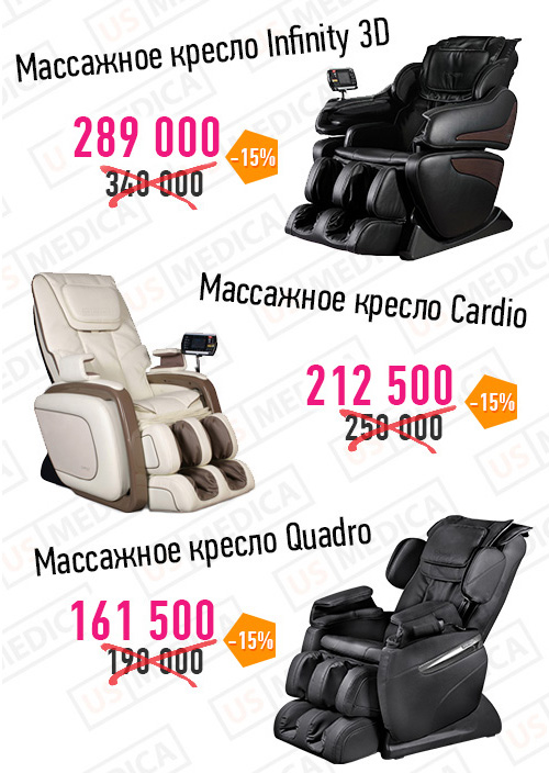 Скидка 15% на кресла US-MEDICA Quadro, Infinity 3D и Cardio